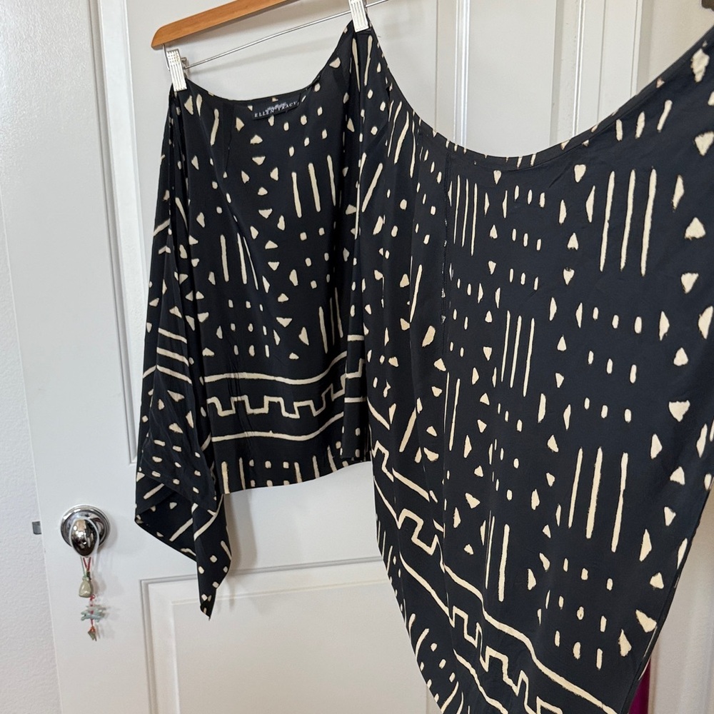 Ellen Tracy 90s Black and Tan Mud Cloth Print Wrap Pencil Skirt - Picture 3 of 8